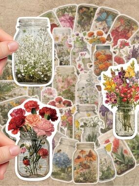50 Vintage Wildflower Mason Jar Stickers - Botanical Aesthetic Pack Cottagecore
